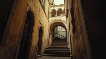 Obraz premium Sunlit, aged stone alleyway with archways and stairs