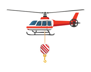  A Red Helicopter with a Suspended Hook and Heavy Crane