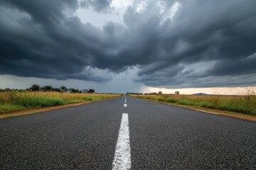 A paved road stretches into a dramatic storm cloud