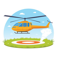 Illustration of an Orange Helicopter Flying Over a Green Field