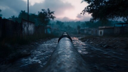 Flooded rural pipeline during a storm in a village