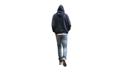 Man walking away in jeans and sweatshirt, isolated on transparent PNG, lifestyle concept 