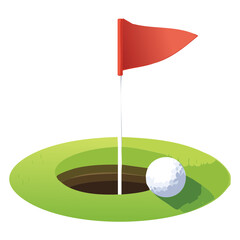 A Red Flag Stands Firmly in the Golf Hole After a Perfect Shot with the Ball Inside the Cup on the Green	