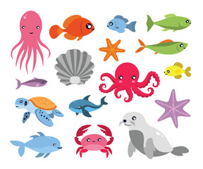 Fototapeta premium Vector set of cute sea animals illustration featuring adorable ocean creatures perfect for kids designs and educational materials