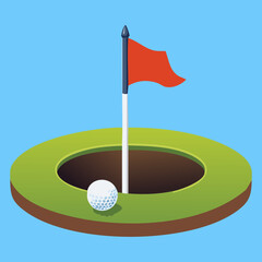 A Golf Hole and Ball with a Red Flag