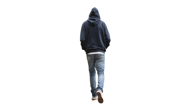 Man walking away in jeans and sweatshirt, isolated on transparent PNG, lifestyle concept 