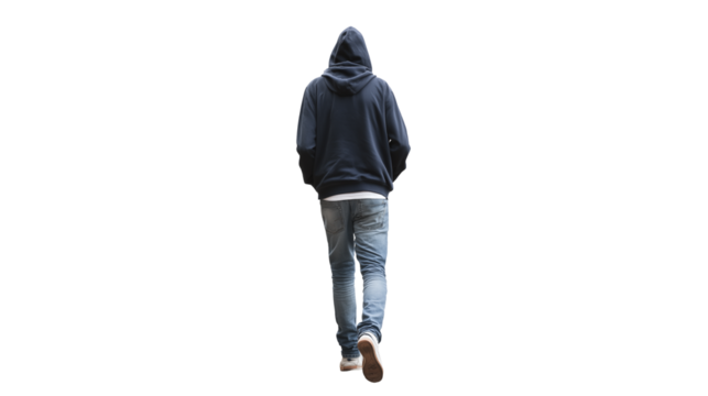 Man walking away in jeans and sweatshirt, isolated on transparent PNG, lifestyle concept