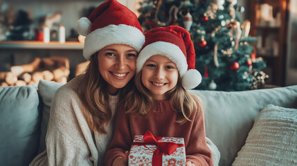 A smiling mother and daughter sitting together on a cozy sofa, both wearing red Santa hats, a decorated Christmas tree in the background