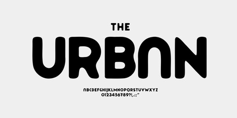 Fototapeta na wymiar Urban bold sans typeface with smooth rounded letters, minimal geometric techno style font alphabet for cyberpunk logo, gym branding, dystopian headline, robotic street signage, soft scifi design