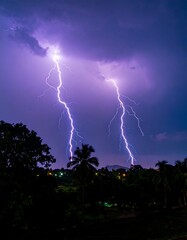 Powerful lightning storm over a dark landscape