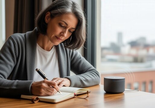 Mature woman journaling with smart speaker at home