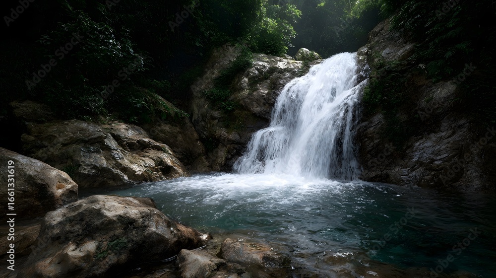 Poster cascading waterfall in a lush jungle setting