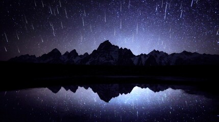 Timelapse of meteor trails forming a celestial web over mountains, mirrored in a tranquil lake below.