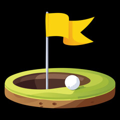 A Golf Ball Successfully Putt Into the Hole with a Waving Yellow Flag on the Green Against a Dramatic Dark Background	