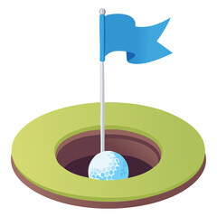 Blue Golf Flag Standing in the Hole with a White Golf Ball Successfully Putt Inside the Cup on the Green	