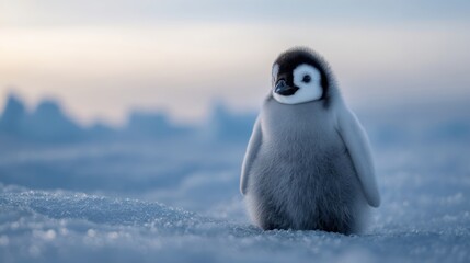 The adorable baby penguin standing on the icy landscape of Antarctica.