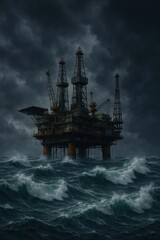 Dramatic offshore oil rig amidst stormy sea and dark sky