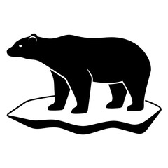 Stylized black silhouette of a polar bear standing on an ice floe isolated on white background isolated on transparent background