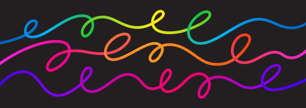 Abstract Color Lines Pattern. Wave Shape Gradient Continuous Line on Black Background. Vector Swirls and Curve 3D Graphic Elements