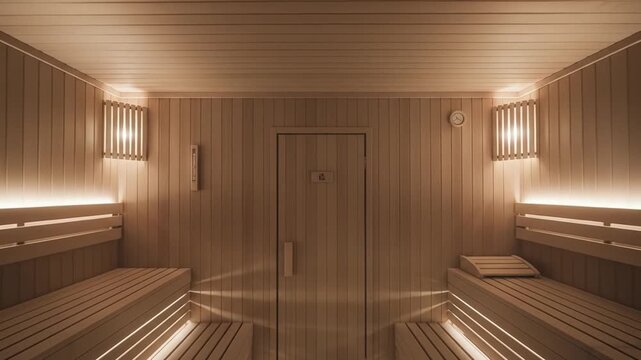 Warm, Inviting Modern Wooden Sauna Interior with Ambient Lighting and Serene Atmosphere