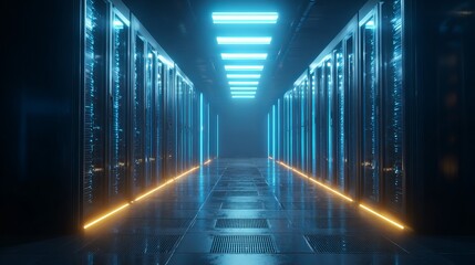 Immersive futuristic server room with glowing blue lights and modern data racks