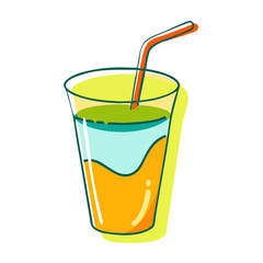 Colorful layered beverage in a glass with a straw and a yellow outline isolated on transparent background isolated on white background