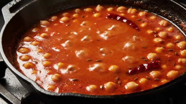 spicy chickpea curry simmering in cast iron pan