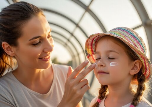 Mother applying sunscreen to smiling daughter wearing hat outdoors - Powered by Adobe