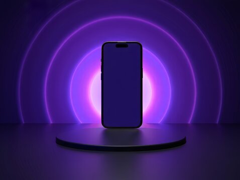 Modern Smartphone on a Dark Stage with Purple Neon Light Circles in the Background - Powered by Adobe