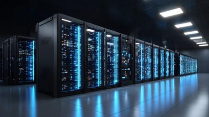 Modern server room with glowing blue lights and advanced technology infrastructure
