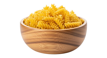 Isolated fusilli pasta in wooden bowl