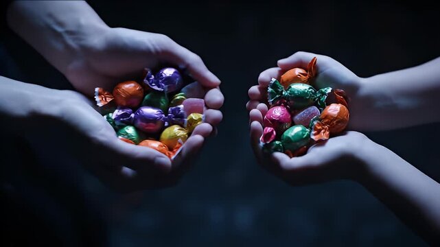 Hands share wrapped candies treat giving sweet offering with dark background
