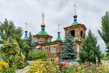 Historic wooden Holy Trinity Orthodox Church in Karakol, Kyrgyzstan