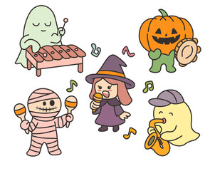 Halloween music band with cute ghost, witch, mummy, and pumpkin characters playing instruments and singing joyfully