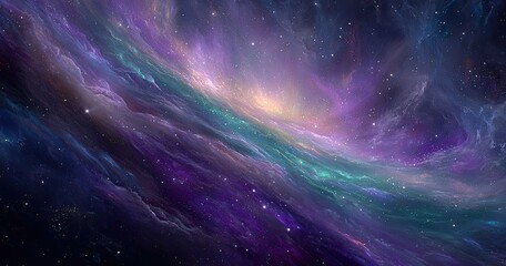 Cosmic nebula swirls in vibrant purples, pinks, and greens