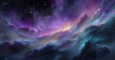 Fototapeta premium Vast, swirling nebulae of violet, teal, and gold hues, scattered with countless stars