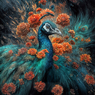 Majestic peacock with surreal turquoise feathers and vibrant floral details, blending wildlife elegance and fantasy charm for exotic, decorative, and artistic design themes.