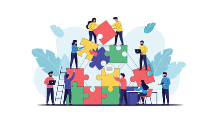 Creative team assembling a complex puzzle together showing collaboration and shared effort to achieve a common goal
