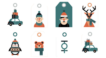 Festive holiday gift tags featuring cute animals and cars with presents