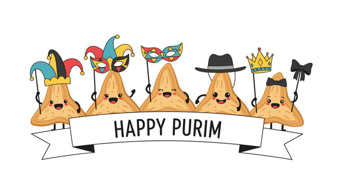 Happy purim festival celebration with traditional hamantaschen cookies and festive decorations
