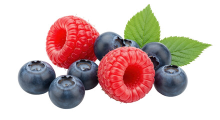 Isolated Raspberries and Blueberries with Leaves