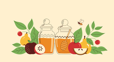 Fototapeta premium Autumn harvest flavors sweetness and abundance featuring fruits honey and a bee