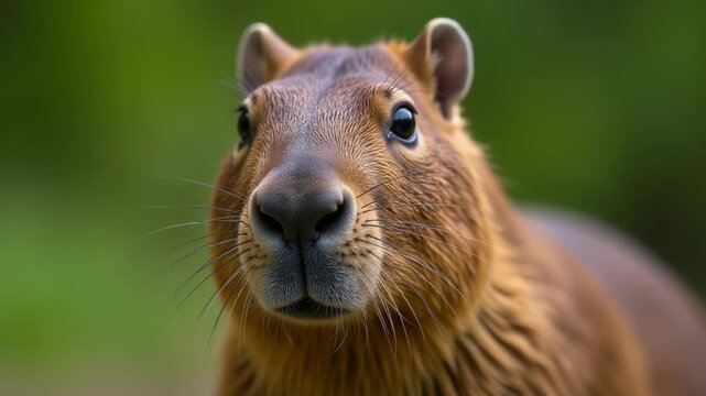 A close-up shot of a capybara looking directly at the camera, with its distinctive teeth and whiskers