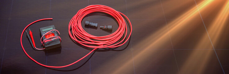 solar panel, electrician tools, red cable, installation equipment, renewable energy