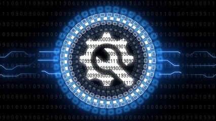 Blue Digital Gear and Wrench Icon Representing Settings and Configuration with Binary Code Background