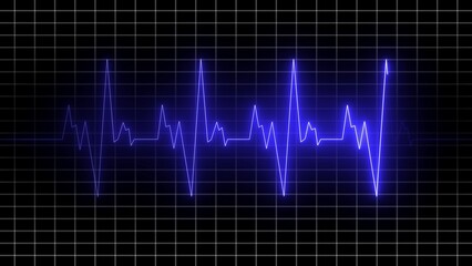 Blue Neon Heartbeat EKG Line on Black Grid Background with Glowing Effect electrocardiogram pulse