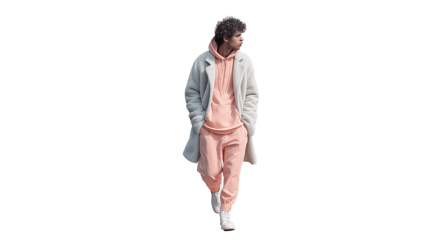 Minimalist urban fashion man, pastel tones, flat lay digital style, PNG cutout