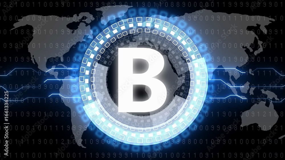 Poster bright white letter b symbol inside blue futuristic circle over world map binary code data stream al