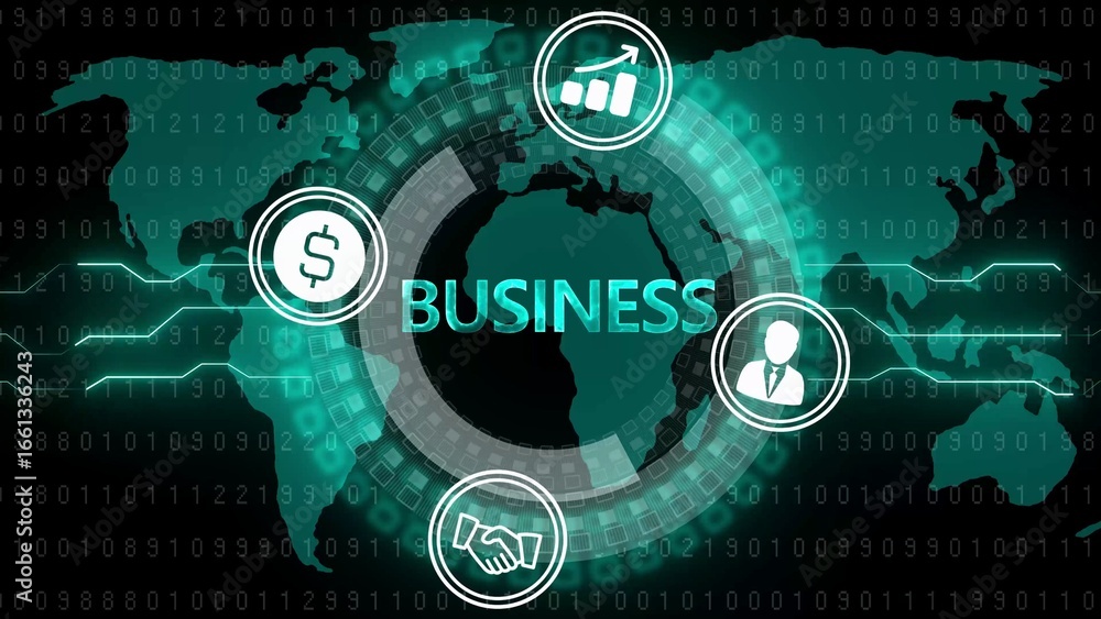 Poster business concepts with world map and binary code in teal and white finance money