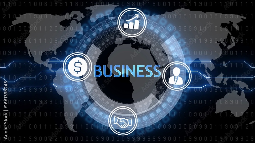 Poster business concepts with world map and binary code in blue and white finance money